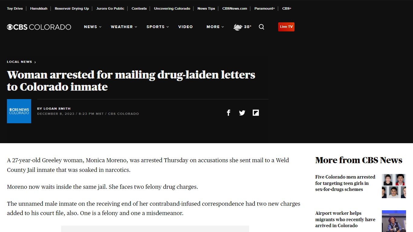 Woman arrested for mailing drug-laiden letters to Colorado inmate
